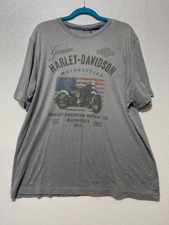 Harley-Davidson Gray Short Sleeve Tee with American Flag Motorcycle Graphic FLAW - Picture 1 of 6